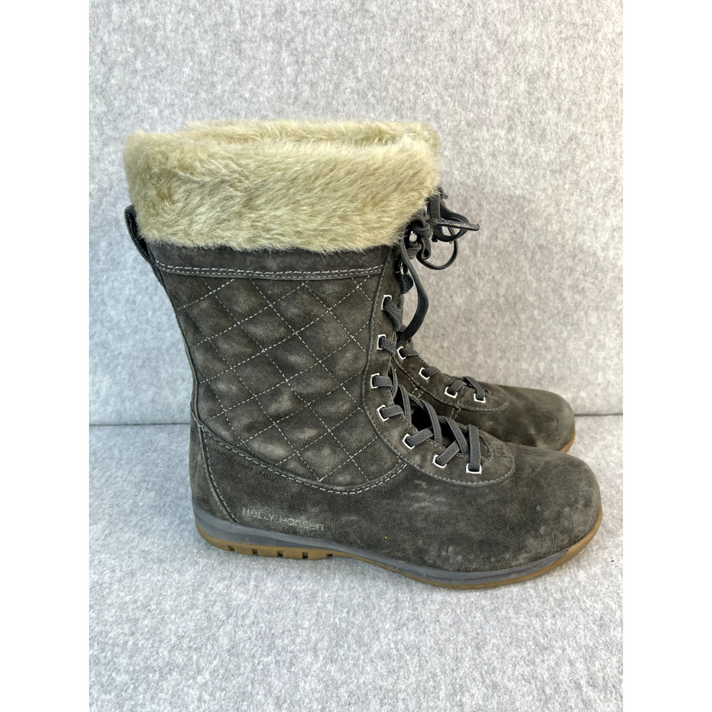 Helly Hansen Gray Suede Leather Quilted Faux Fur Lined Lace Up Boots Sz 7 View 4